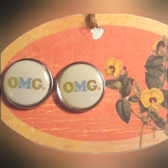 Cream silver snarky acronym OMG graphics Handmade round stud earrings NWT - Picture 2 of 16